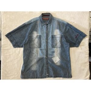 Vintage Burgundy Brand Denim Button-up. Patchwork Stitching Size XL Fits XXL